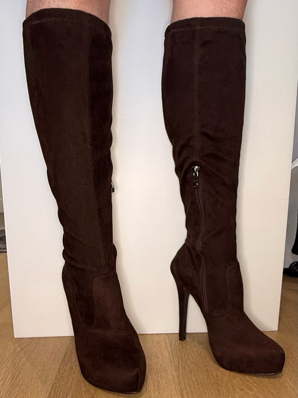 Women's Brown Suede High Heel Knee High Platform Boots - size 8